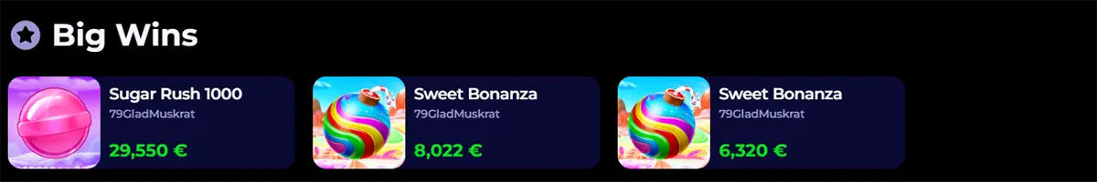 “Big Wins” section showing recent payouts: Sugar Rush 1000 (€29,550) and two Sweet Bonanza wins (€8,022 and €6,320) by the user 79GladMuskrat.