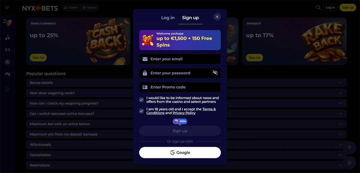 NyxBets casino page with a dark “Sign up” pop-up offering a welcome package (up to €1,500 + 150 free spins), showing email/password and promo code fields, consent checkboxes, and a Google sign-up button over a blurred FAQ/bonuses background.